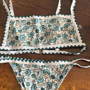 Teal Floral Print Bikini Set with Yellow Accents